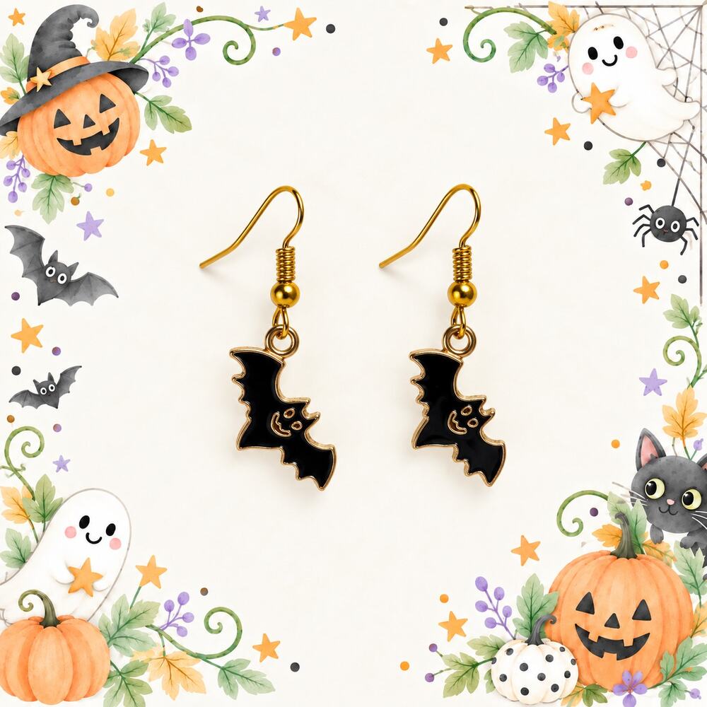Halloween Black Bat Dangle Earrings Gold Tone Enamel CP551